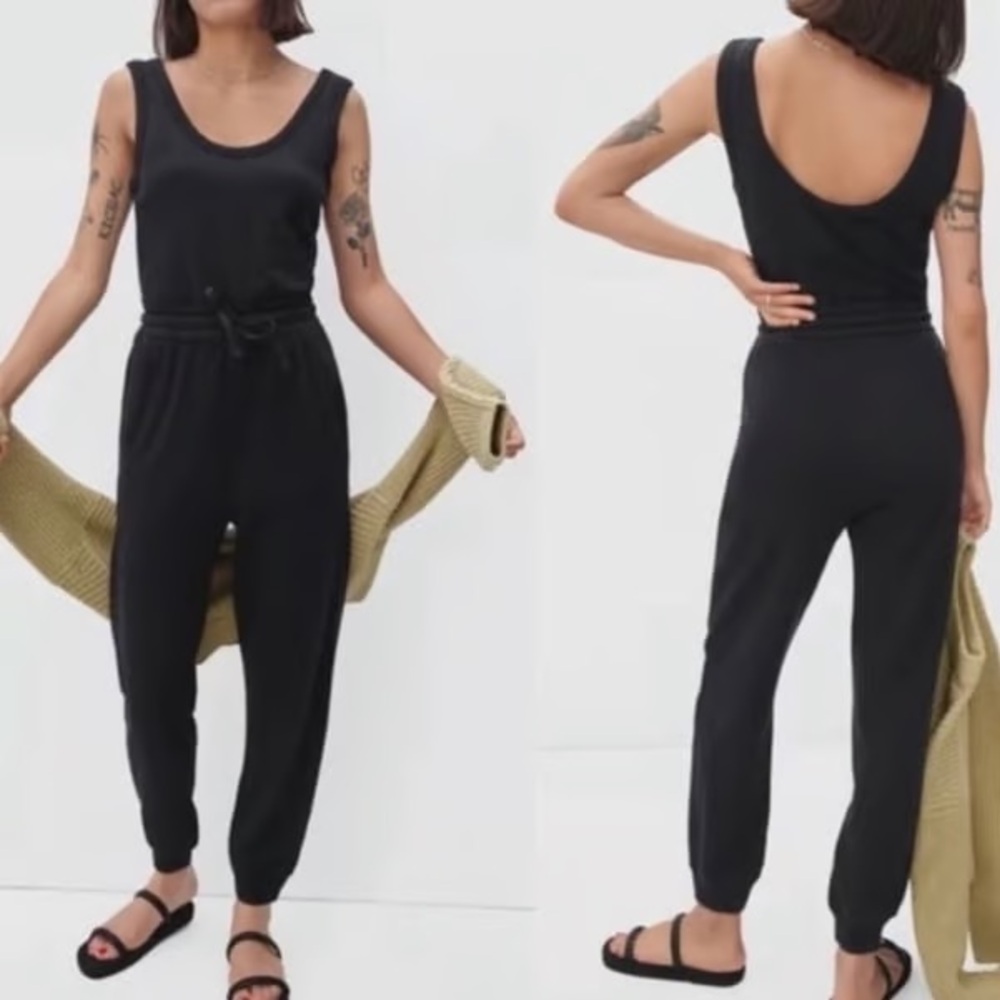 Everlane The French Terry Organic Black Casual Jumpsuit with Tapered Legs